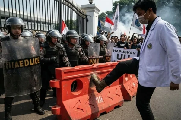 pembatas jalan untuk demo menggunakan barrier di area pengamanan aksi massa