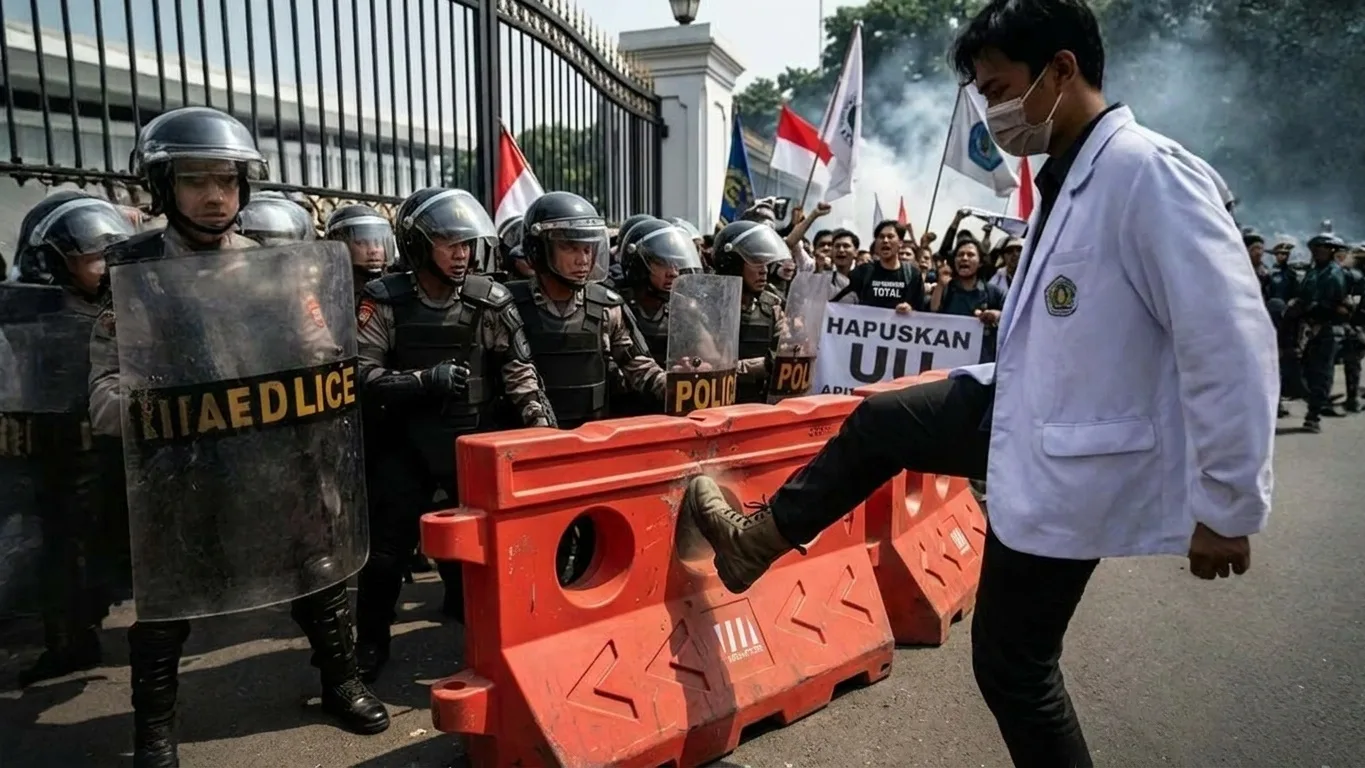 pembatas jalan untuk demo menggunakan barrier di area pengamanan aksi massa