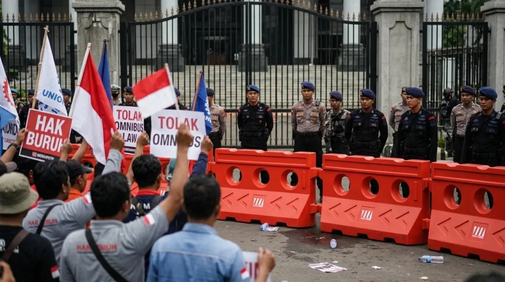 pembatas jalan untuk demo menggunakan barrier di area pengamanan aksi massa