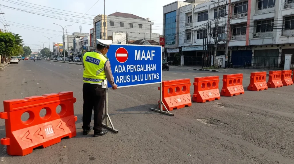 pembatas jalan untuk demo menggunakan barrier di area pengamanan aksi massa