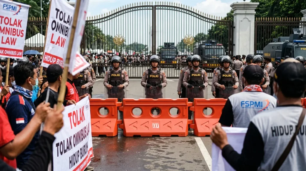 pembatas jalan untuk demo menggunakan barrier di area pengamanan aksi massa